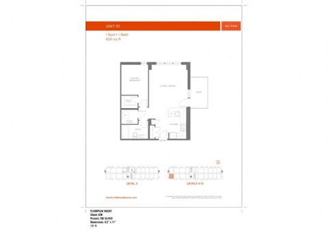 Floor plan for 1 bed, 1 bath, 642 sqft